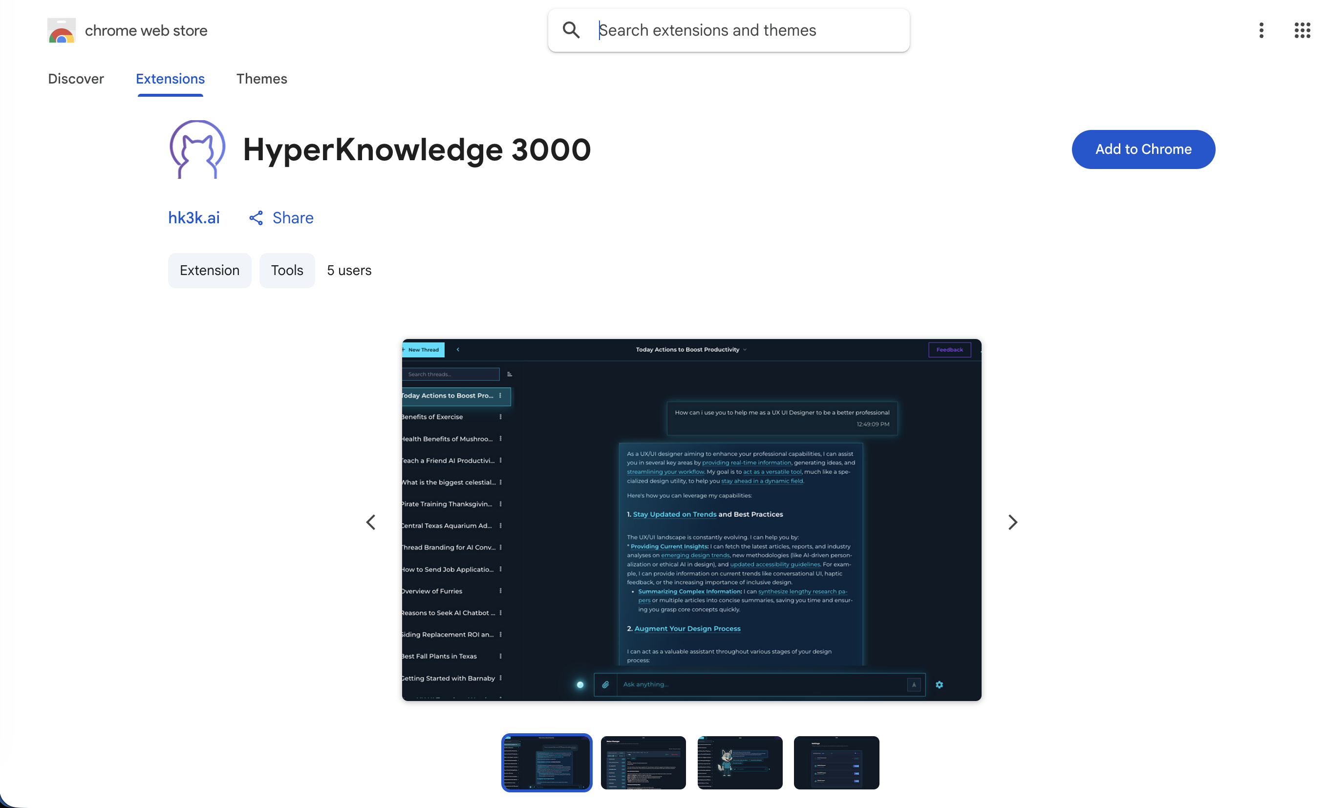 Chrome Web Store listing for HyperKnowledge 3000