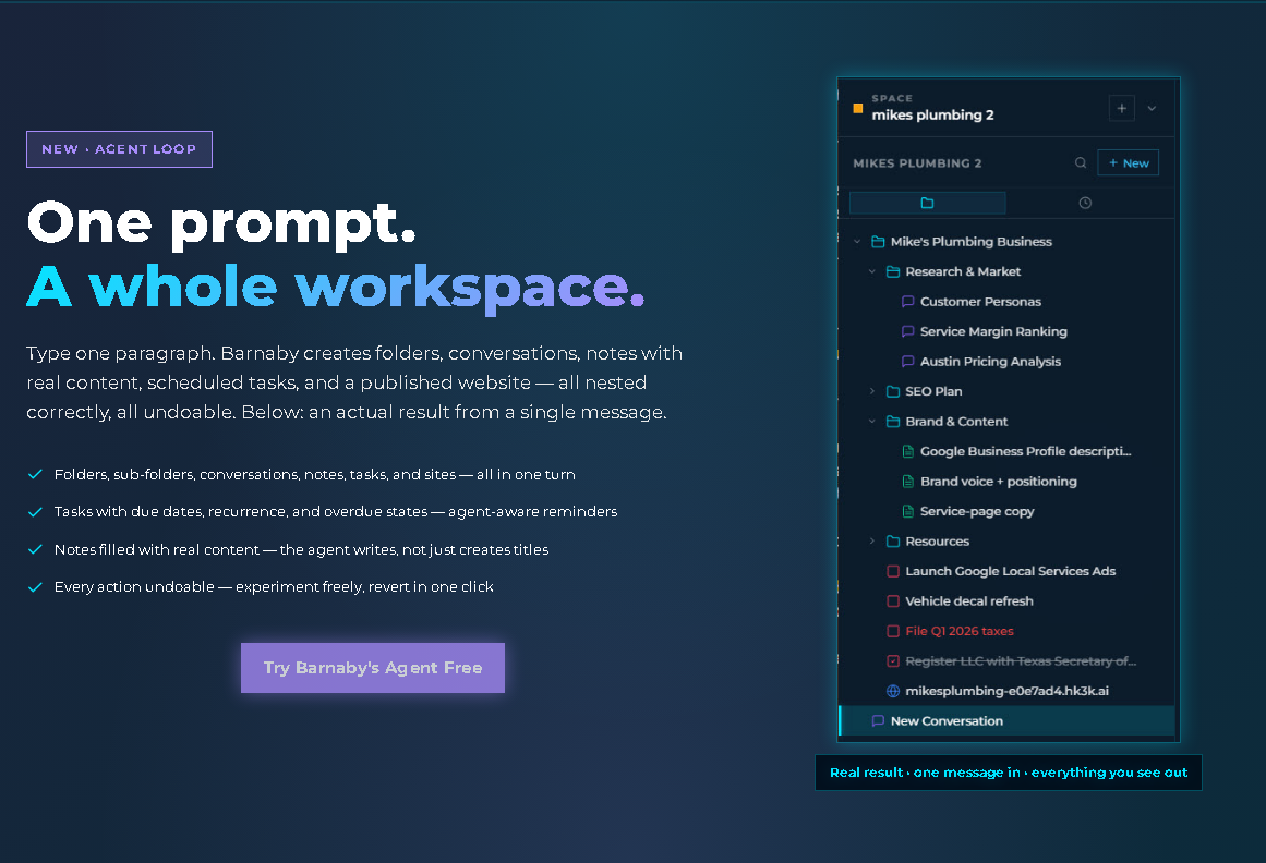 hk3k agent loop generating folders, notes, tasks, and a website from a single text prompt inside the Spaces workspace tree.