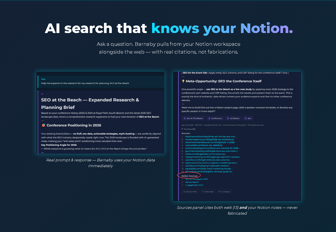 hk3k AI workspace showing unified search across Notion, ChatGPT history, and uploaded files.