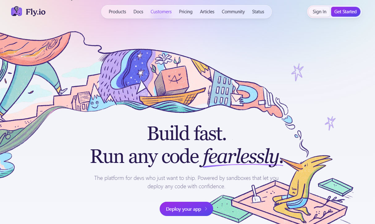The fly.io homepage rendered in hk3k after import — Build fast. Run any code fearlessly.