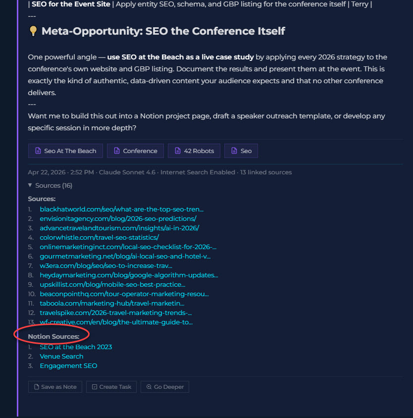 Continuation of the AI response showing tagged Notion notes (Seo At The Beach, Conference, 42 Robots) and a Notion Sources section listing SEO at the Beach 2023, Venue Search, and Engagement SEO as cited sources alongside 13 web sources.