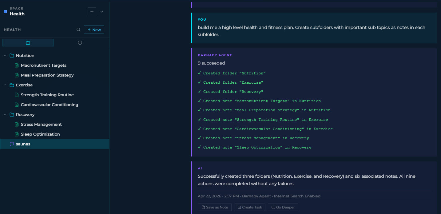 A user asks Barnaby to build a high-level health and fitness plan with subfolders. The agent succeeds at 9 actions: creates Nutrition, Exercise, and Recovery folders, plus notes for Macronutrient Targets, Meal Preparation Strategy, Strength Training Routine, Cardiovascular Conditioning, Stress Management, and Sleep Optimization.