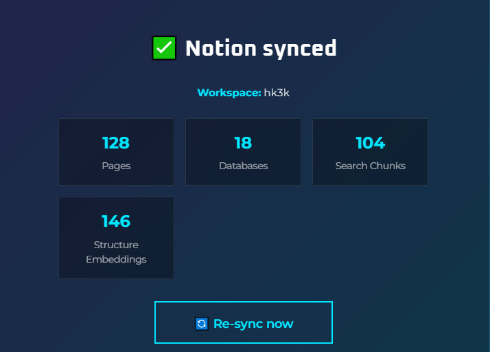 Notion synced — 128 pages, 18 databases, 104 search chunks, 146 structure embeddings