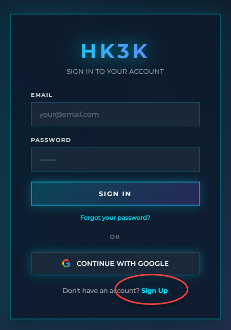 hk3k sign-up screen with email/password and Google sign-in
