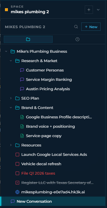 A complete plumbing business workspace built from one prompt: folders, conversations, notes, tasks (with overdue and completed states), and a published site